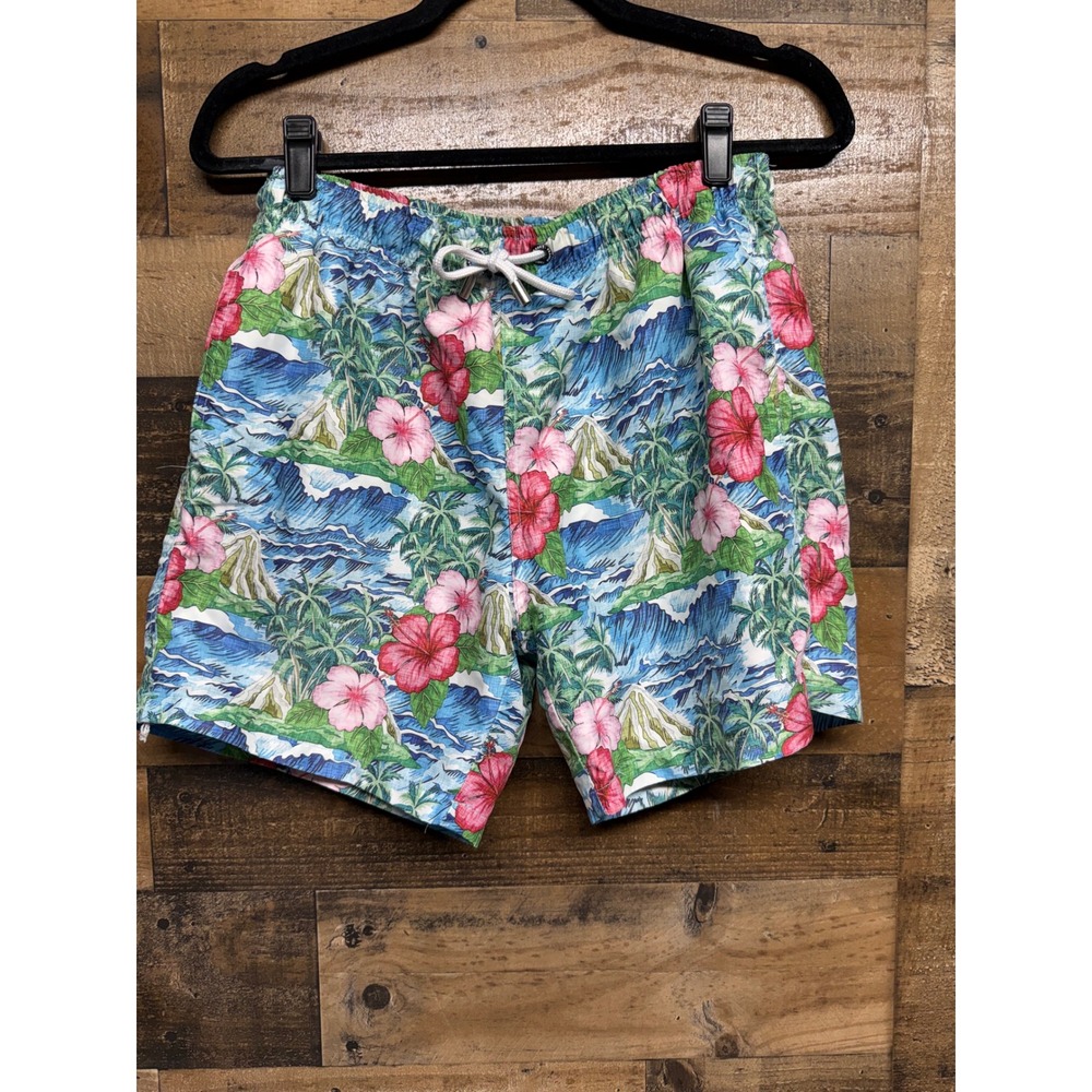 Franks Mens Tropical‎ Hibiscus Print Swim Trunks Blue Pink Floral Shorts Small